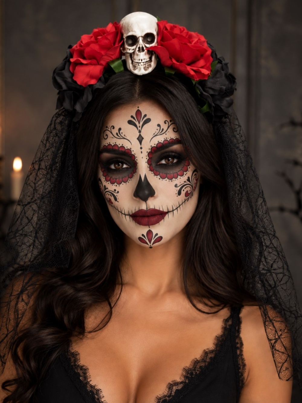 Day of the Dead Skull & Rose Headband with Shoulder-Length Lace Veil